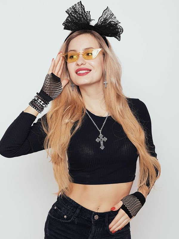 Ecation 7 Pcs 80s Women Costume Accessories Halloween Leather Punk Bracelet Black Cross Necklace Lace Headband Fishnet Glove(Fashionable Style) by Ecation - Used condition - Image 7