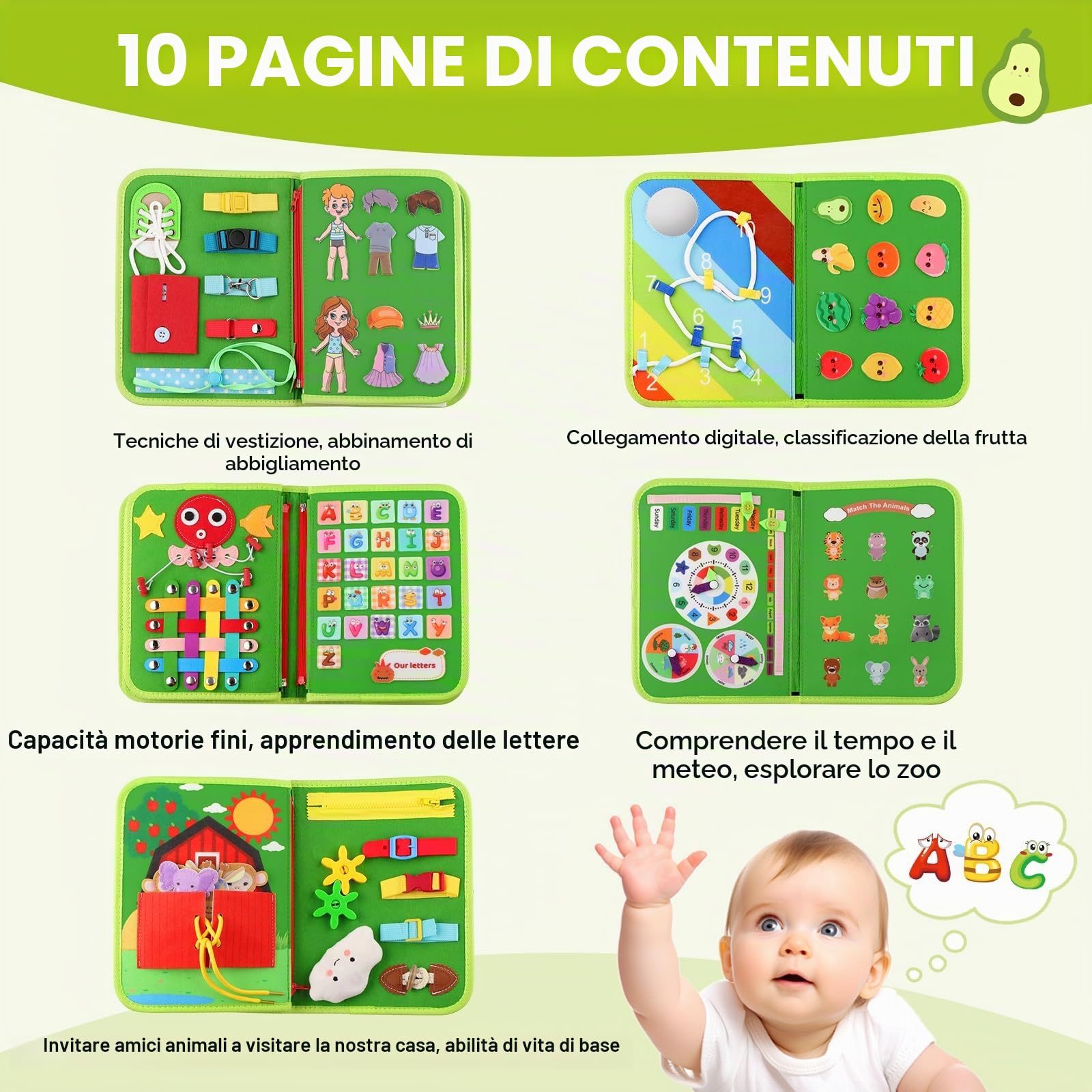 Montessori, Giocattolo per Bambini a Partire, Activity Busy Board Feltro Quiet Book, Giocattolo da Viaggio per Le attività motorie, Libro educativo, per la Prima Istruzione