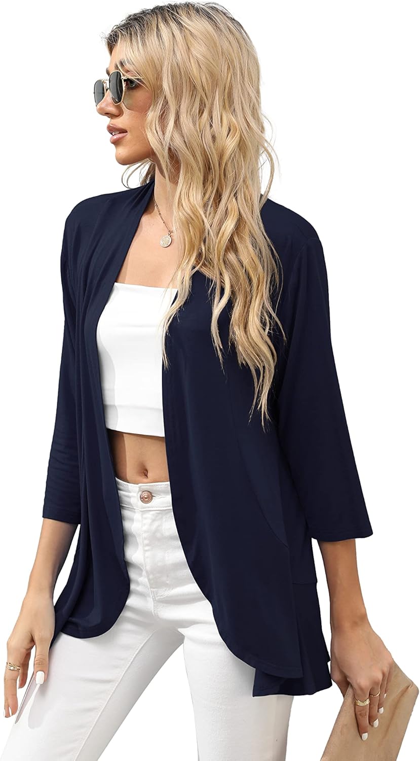 HIYIYEZI Women's Casual Lightweight Open Front Cardigans Soft Draped Ruffles 3/4 Sleeve Cardigan - Image 4