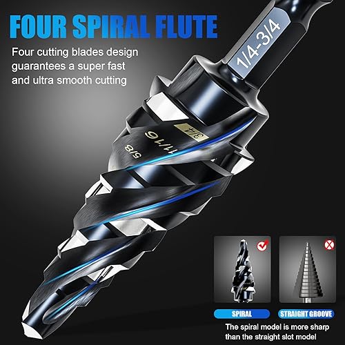 Miniatura 6 de M35 - Juego de brocas de cuatro pasos de flauta en espiral, 14 a 34 pulgadas (9 tamaños), vástago hexagonal de 14 de pulgada, broca escalonada de