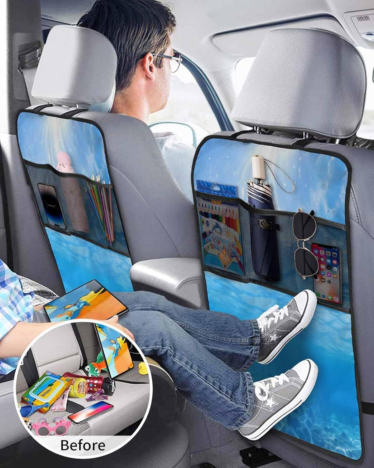 T&H XHome Car Seat Protector, 2 Pack Kick Mats with Organizer - 3 Pocket Storage, Summer Sea Water Blue Ocean Waves Sunshine Back Seat Cover for Kids Universal Fit Automotive Interior Protectors