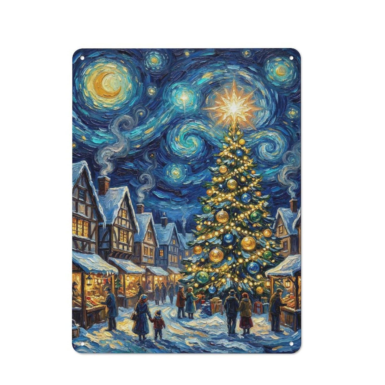 Junmoney Style-13 Metal Wall Sign 40X30cm Featuring Starry Night Christmas Market Painting Van Gogh Style Holiday Art For Café Or Home Bar, For Collectors Decorating Cafés And Home Bars