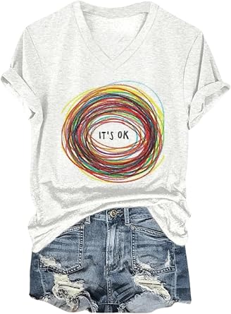 Women Mental Health Print T Shirt Funny Graphic Short Sleeve Shirts Summer V Neck Casual Tops