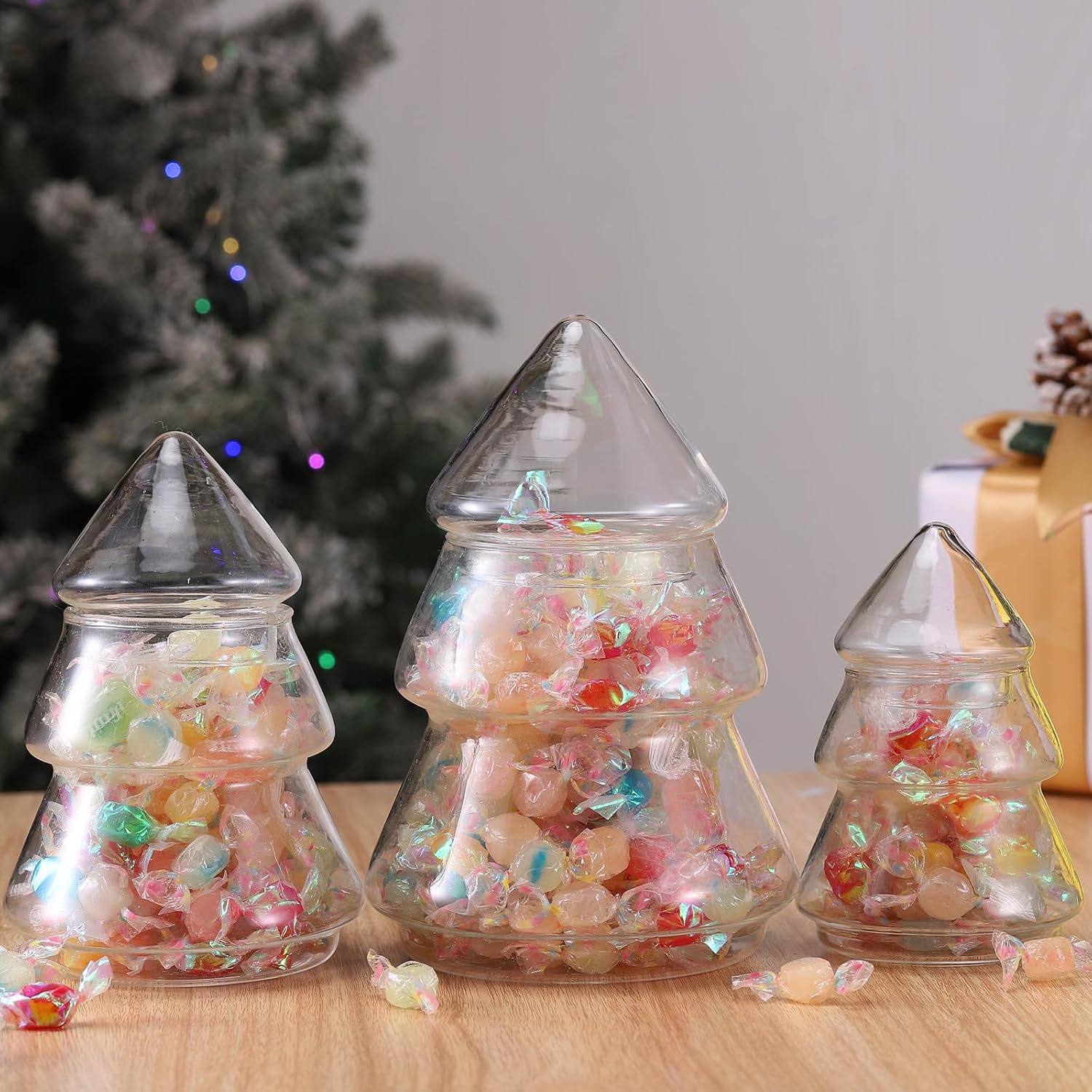 Baderke 3 Pcs Christmas Tree Candy Jars Glass Cookie Jars with Lids Lovely Christmas Tree Jar Bowl Food Storage Container for Xmas Festival Holiday Party Gift Table Decoration