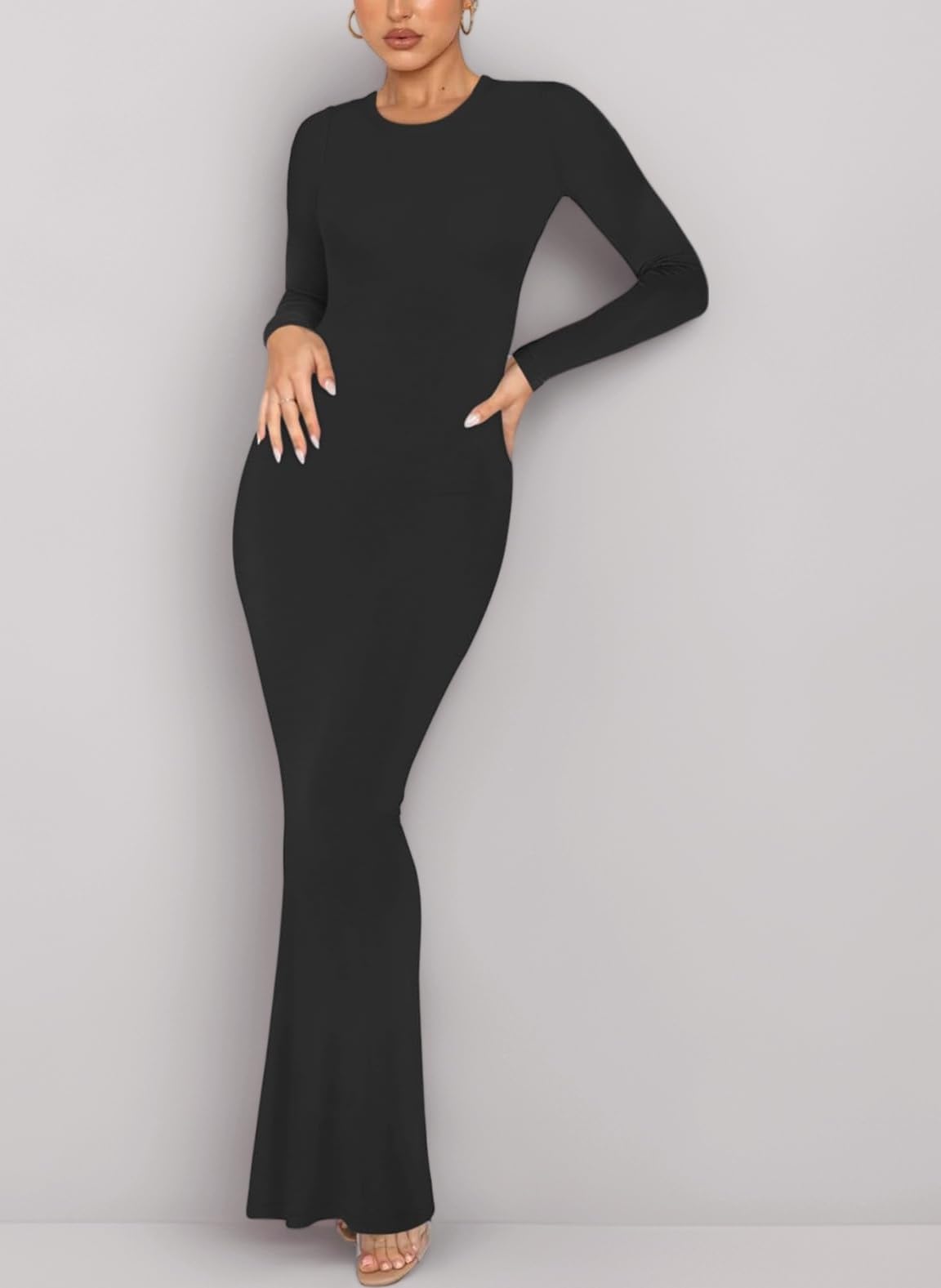 REORIA Women's Sexy Crew Neck Lounge Long Dress Elegant Long Sleeve Ribbed Bodycon Maxi Dresses