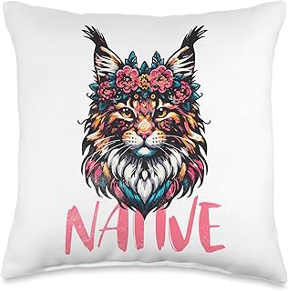 Native American Mainecoon Head Flower Tribal Bohemian Women Throw Pillow