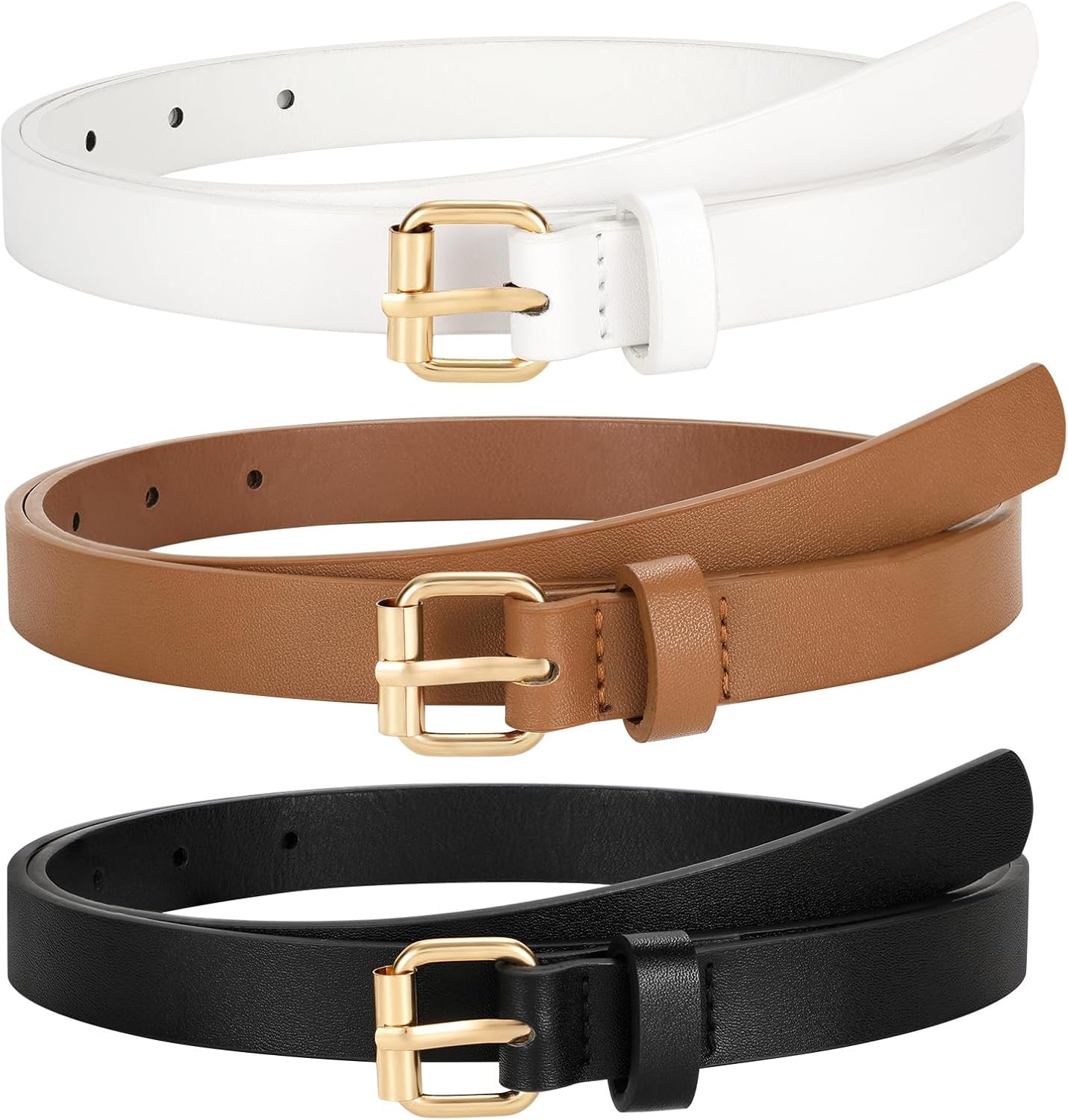 TRIWORKS 3 Pack Women Skinny Leather Belt for Jeans Pants Dress Ladies Thin Waist Belt with Gold Buckle