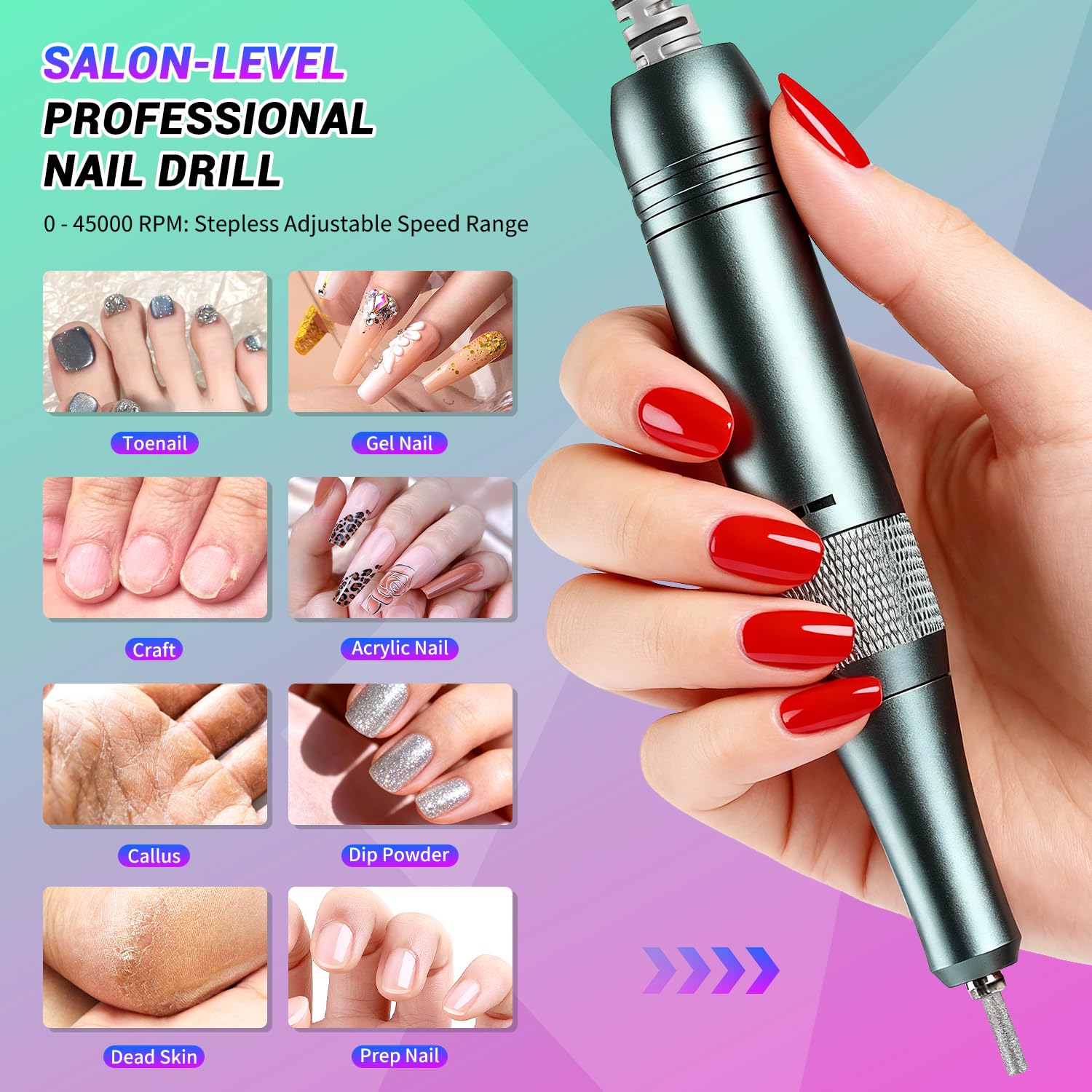 JEWHITENY Portable Nail Drill SG717 Electric Nail File,45000RPM Professional Rechargeable Nail E-File Machine for Acrylic Gel Nails,Remove Nail Gel Polish(Purple)