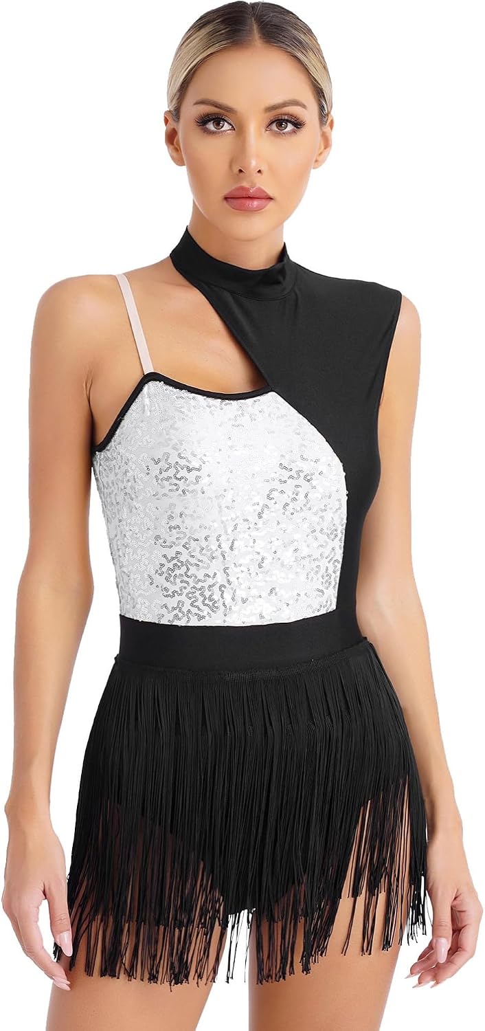 Vxuxlje Women's Glitter Sequin Sleeveless Latin Dance Dress Tango Jazz Ballroom Dance Fringe Leotard