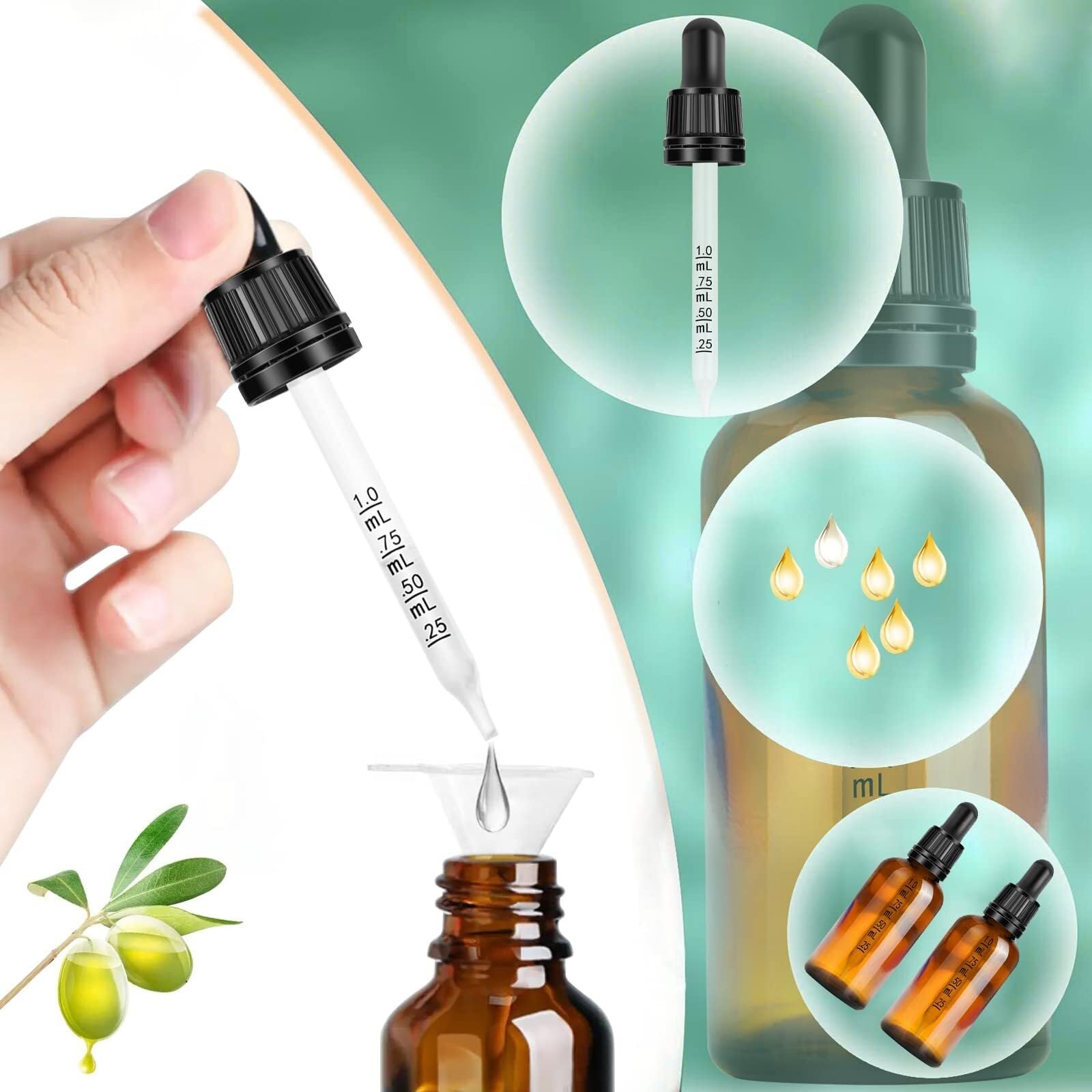 Frasco Cuentagotas de Vidrio Marrón 50ml - Pack de 2 con Cuentagotas & Accesorios, Antifugas para Aceites Esenciales & Aromaterapia(30ml 12pcs)