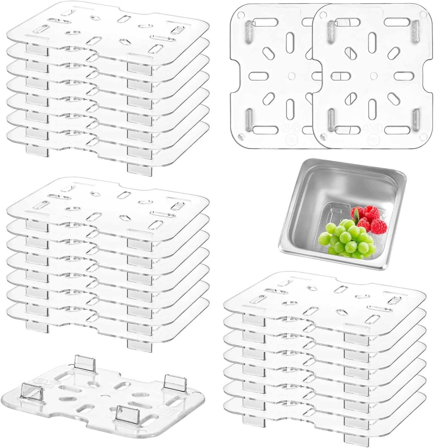Acrylic Plastic Drain 24 Pcs Shelf, Food 1/6 Size Pan Strainer, Clear Drain Tray Plastic Food Pan Shelf for Vegetables Fruit Food, Kitchen Use, Restaurant Prep Food