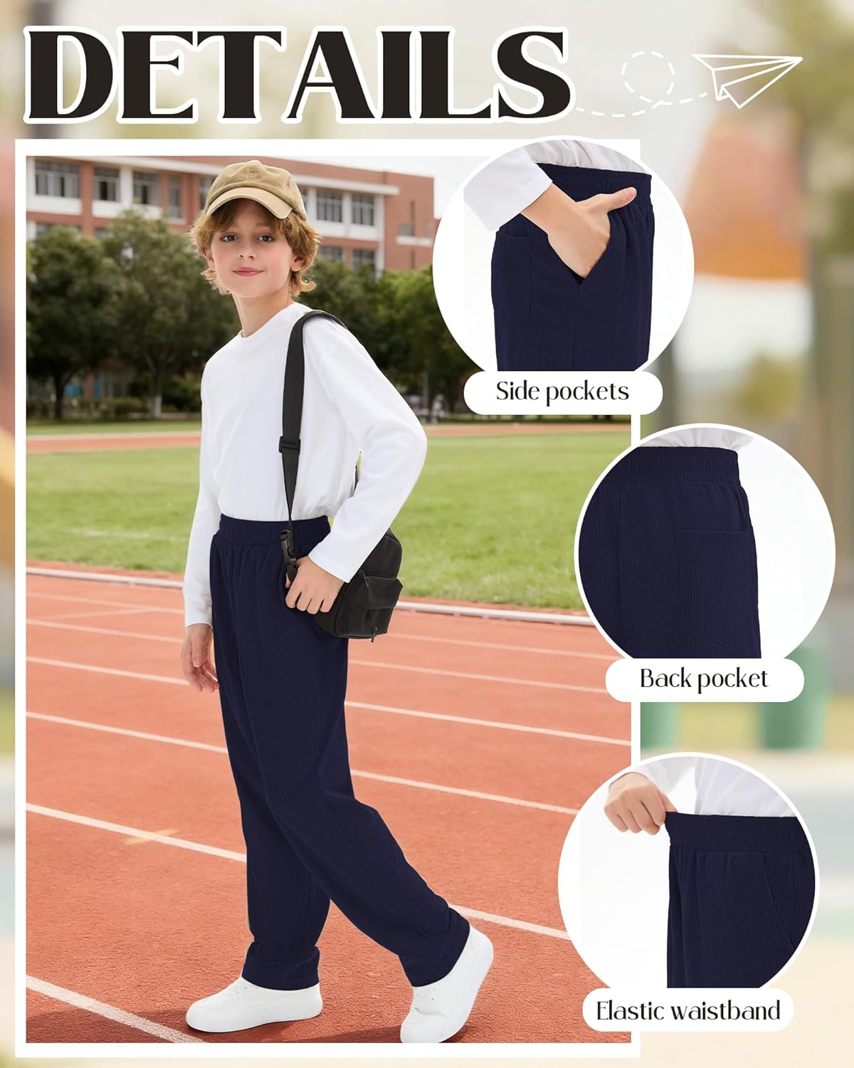 3 Pack Boys' School Uniform Pants Corduroy Pull-on Sweatpants Straight Leg Elastic Waist Joggers with Pockets - Image 3