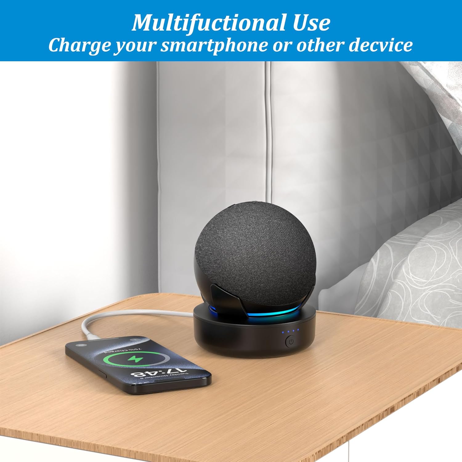 Image showing the PlusAcc Battery Base charging a smartphone via its USB-C output port while an Echo Dot is docked.