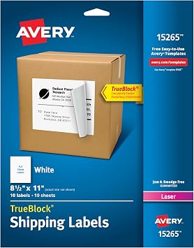 Avery Full Sheet Printable Shipping Labels, 8.5" x 11", White, 10 Blank Mailing Labels 15265