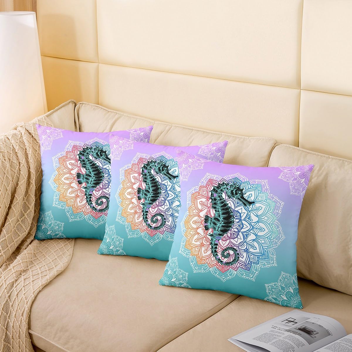 Erosebridal Seahorse Set of 2 Throw Pillow Covers 24x24 Inch Boho Flower Pillow Covers Colorful Mandala Ocean Animal Cushion Covers Summer Exotic Ombre Geometric Decorative Pillow Covers Blue Purple