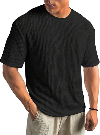 Mens T-Shirts Casual Knit Short Sleeve Crewneck Shirts Waffle Solid Knitted Pullover Summer Classic Fit Basic Tees