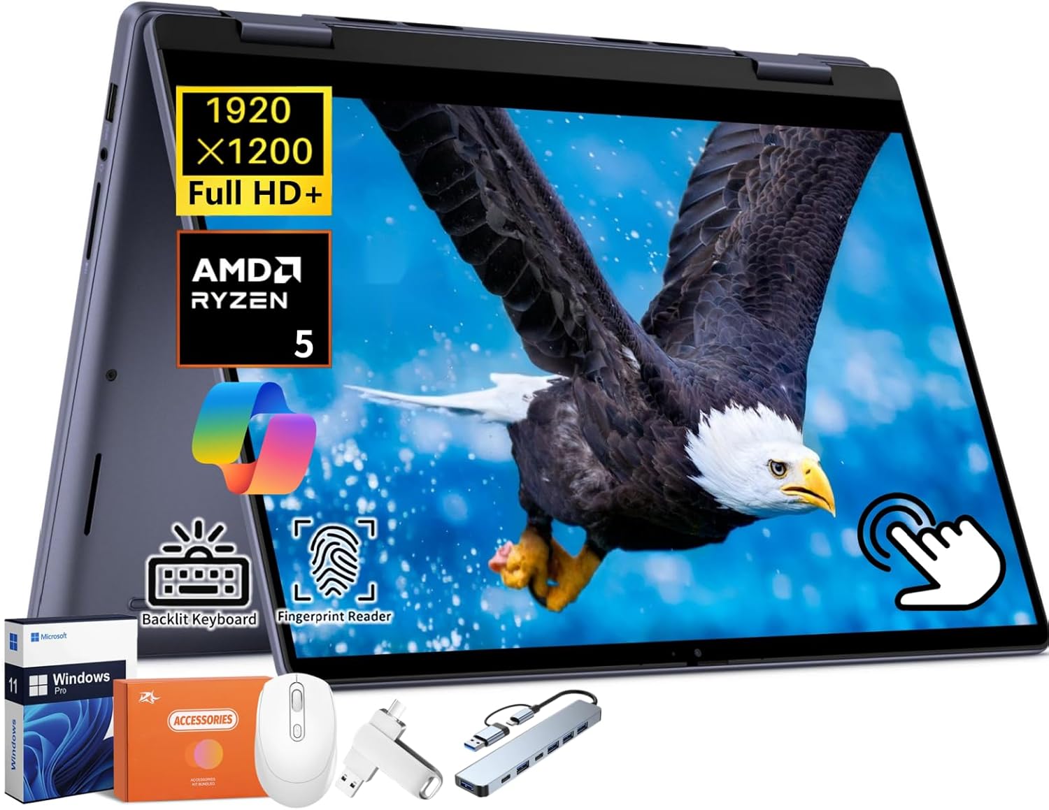 Dell Inspiron 14 2-in-1 Business Laptop, 14" FHD+ Touchscreen, AMD Ryzen 5 8640HS, 64GB DDR5, 4TB SSD, Long Battery Life, Backlit Keyboard, Fingerprint Reader, Copilot AI, Windows 11 Pro, Accessories