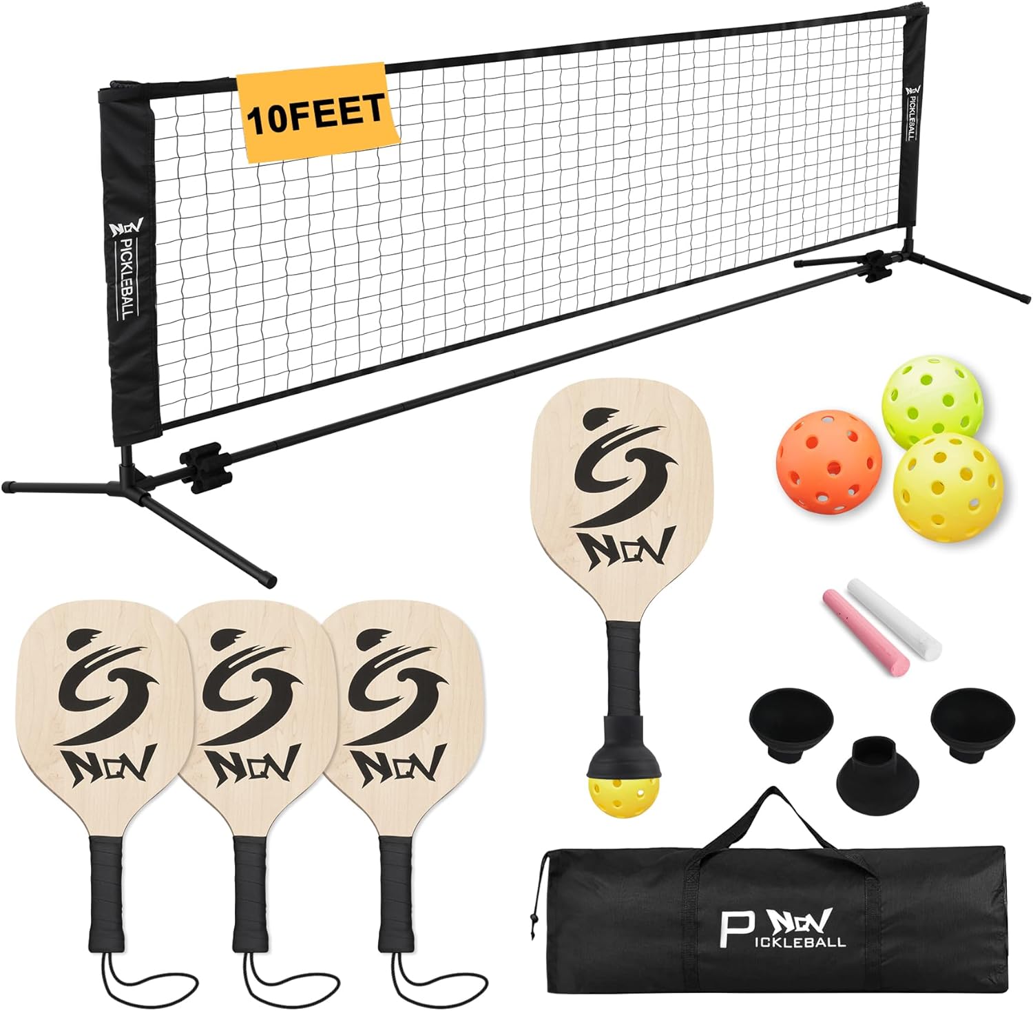 NQV Pickleball Set with Net-10FT Half Court Size Pickleball Net+Wood Pickleball Paddles+Pickle Balls+Ball Retrievers+Pickleball Court Marking Kit, Portable Driveway Outdoor Indoor for Beginners Pros 4-player set