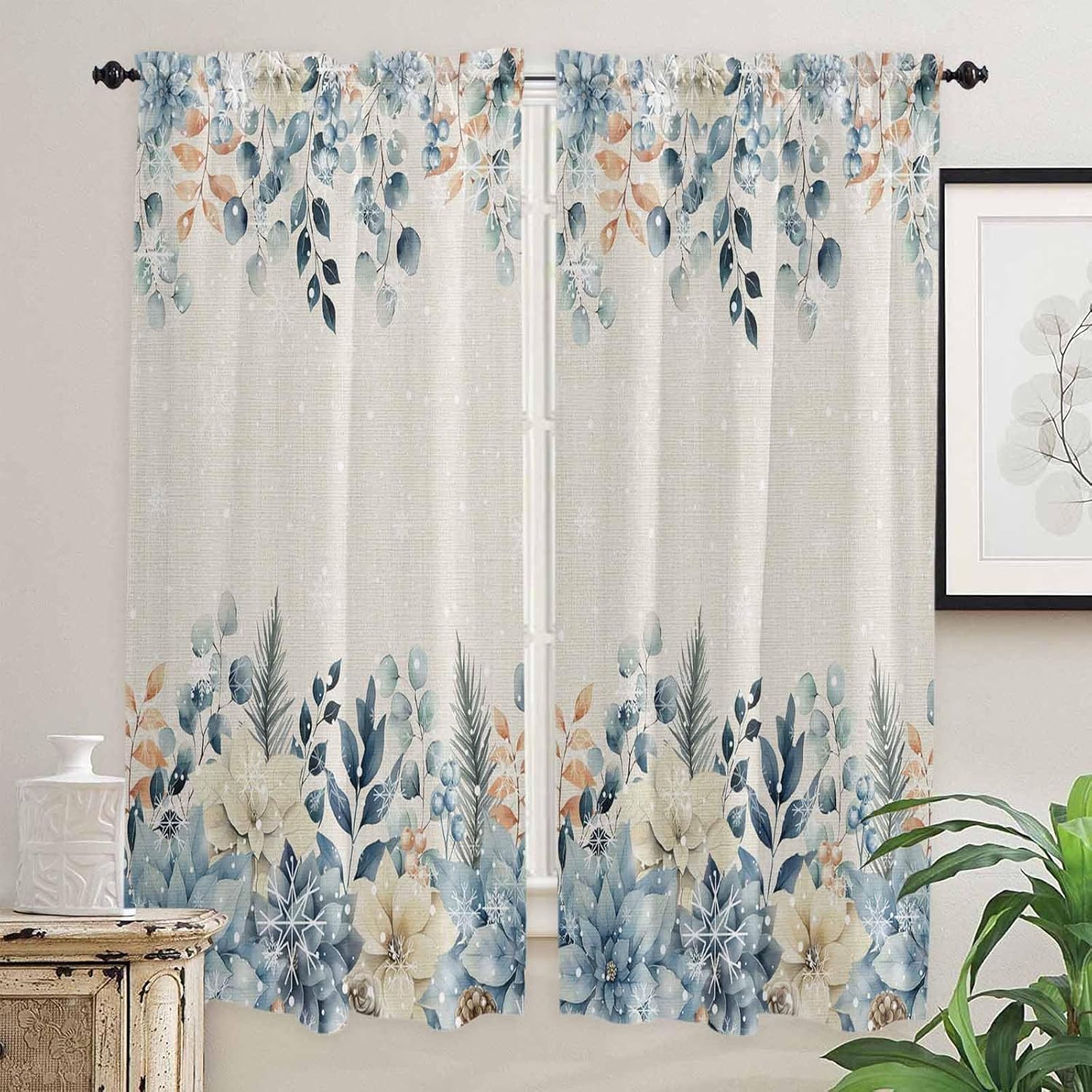Christmas Eucalyptus Kitchen Curtain 2 Panels Tiers Curtains 36 Inch Length, Curtains Rod Pocket Curtains Window Drapes Treatment Window Cafe Curtains 55''x36'' Winter Snowflake Farmhouse Flower
