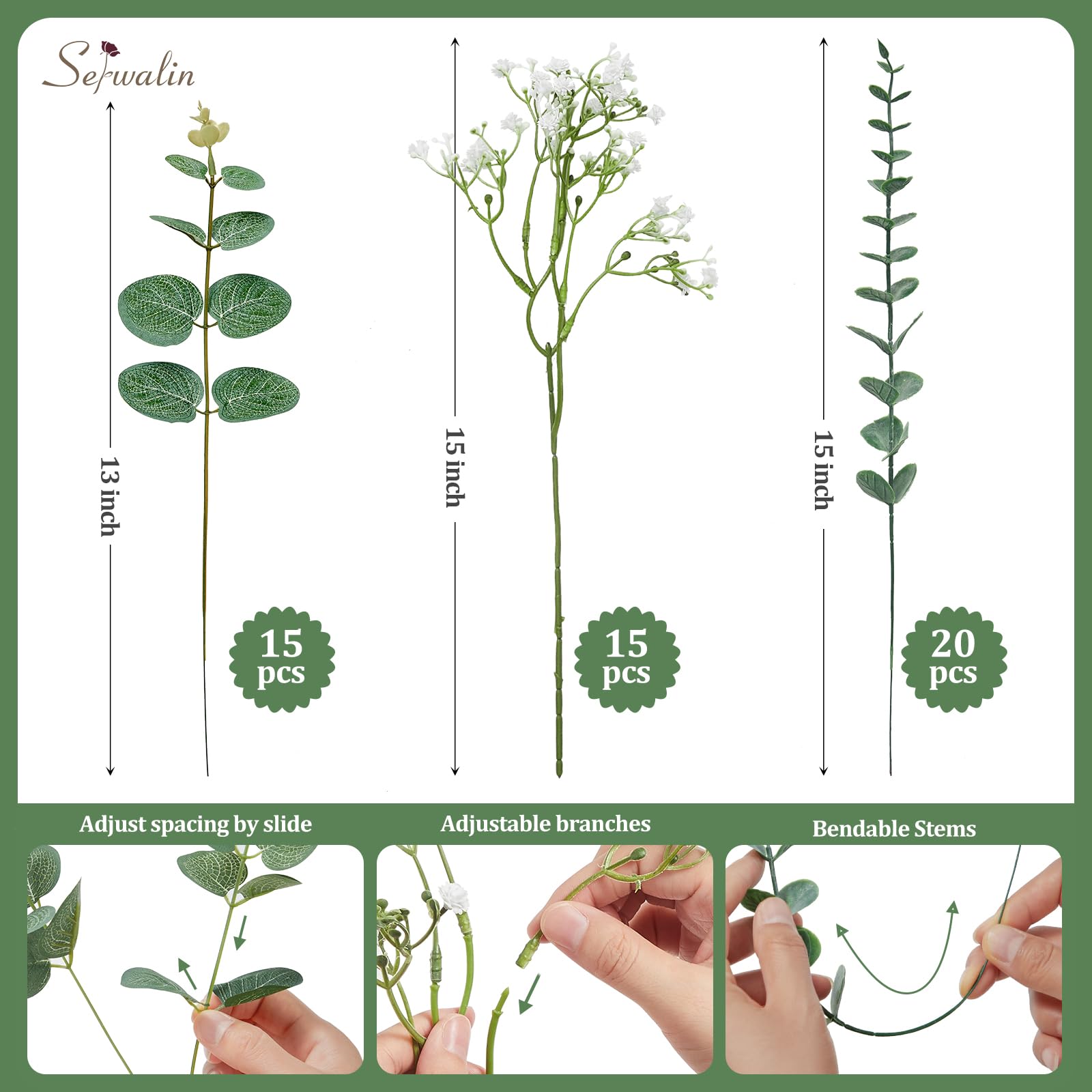 Serwalin Assortiment de 50 tiges d'eucalyptus artificielles