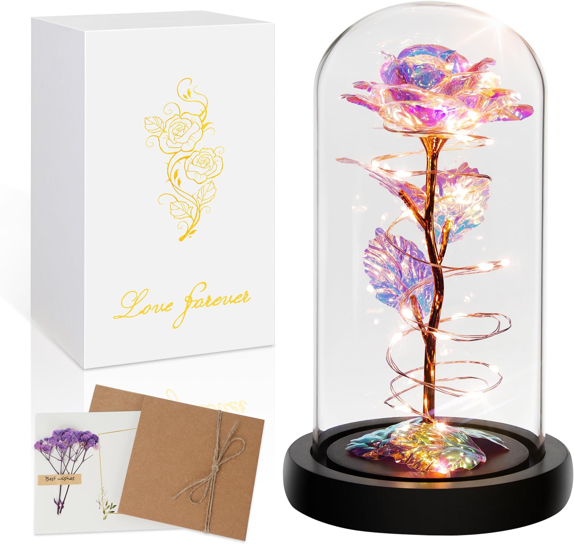 Childom Mothers Day Flowers Gifts for Mum,Birthday Gifts for Women,Mothers Day Rose Gifts For Mum,Colorful Rainbow Flowers Light Up Rose In Glass Dome,Women Gifts for Anniversary,Wedding,Engagement