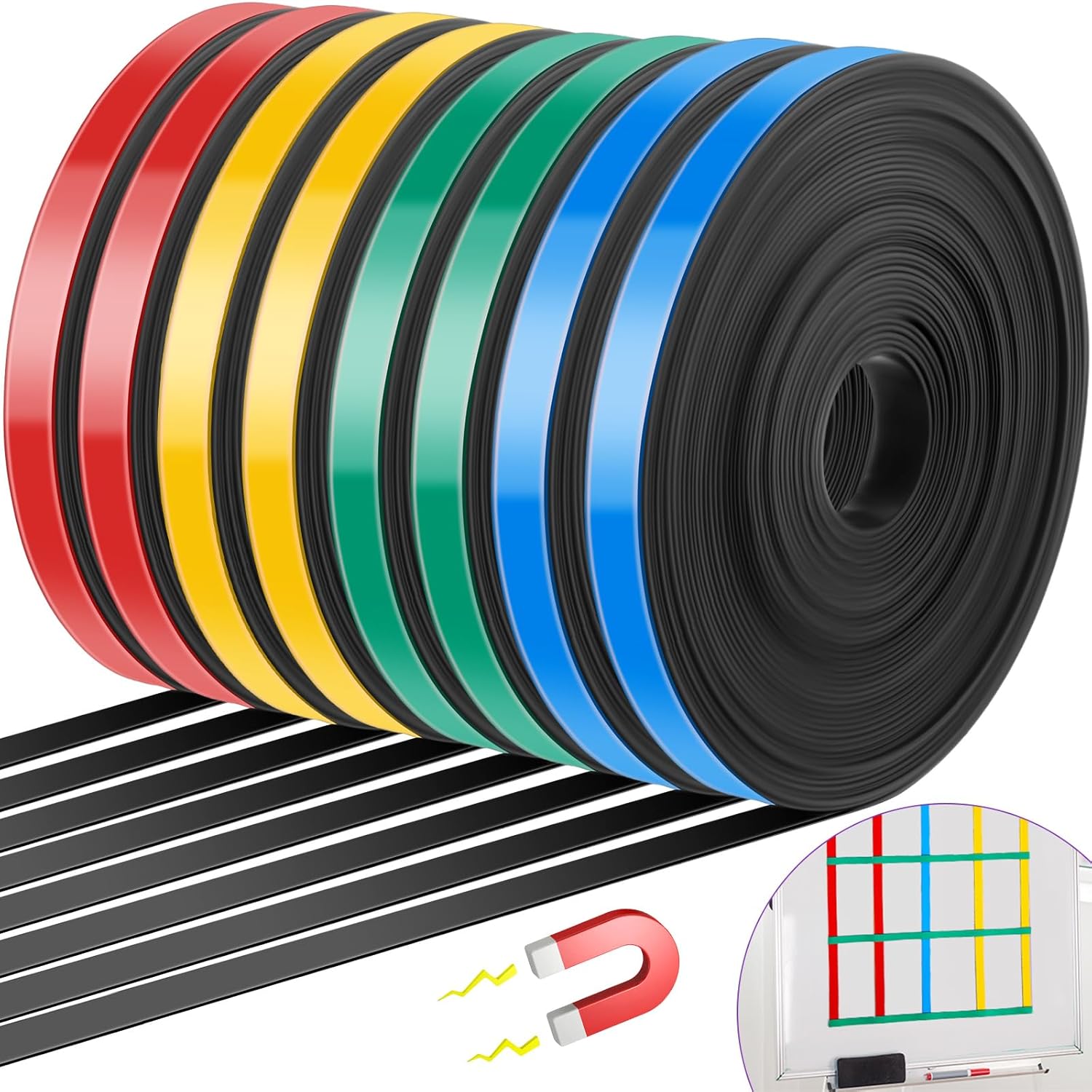 8 Rolls Magnetic Tape Roll Thin Strips, 2/5 in x 33 ft Magnetic Whiteboard Graphic Decorative Dry Erase Colorful Board Dividers for Marking Line Classroom Office Art(Mixed Color)