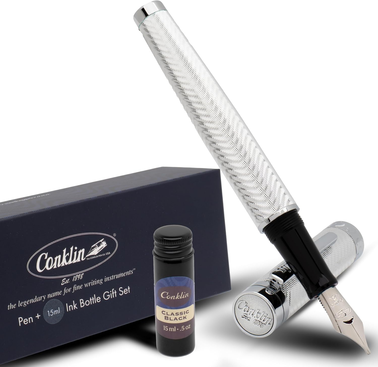 Conklin Herringbone Signature Fountain Pen Silver Fine Nib + Free 15ml Ink Bottle – Premium Holiday Gift Pen for Writers, Collectors, Professionals