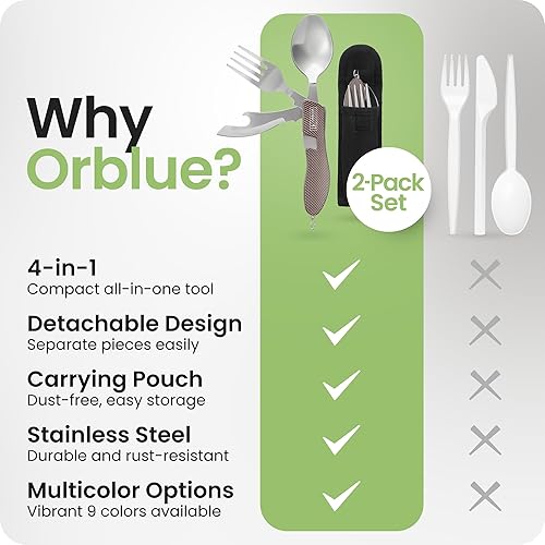Vista 15 de Orblue Utensilios de comida 4 en 1, paquete de 2 – Cuchara portátil, tenedor, cuchillo y abridor de botellas – Cubiertos de acero inoxidable