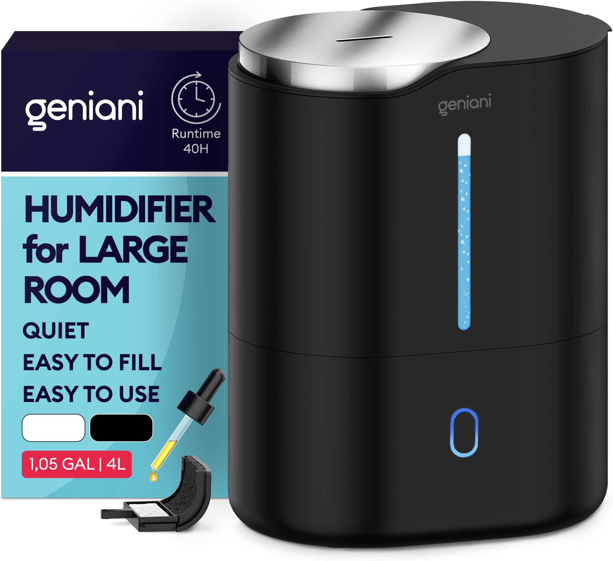 GENIANI Top Fill Cool Mist Humidifiers for Home (4L, Black)