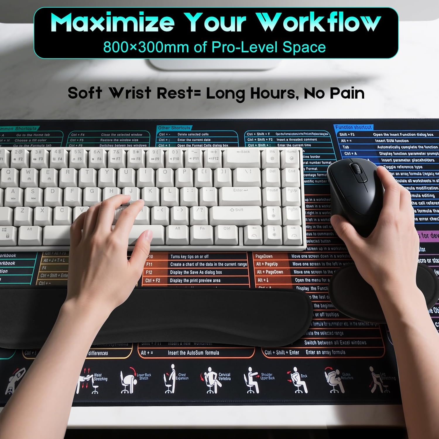 Excel Cheat Sheet Mouse Pad Set | 3-Piece XL Ergonomic Desk Mat with Wrist Rest for Office & Gaming(Black)