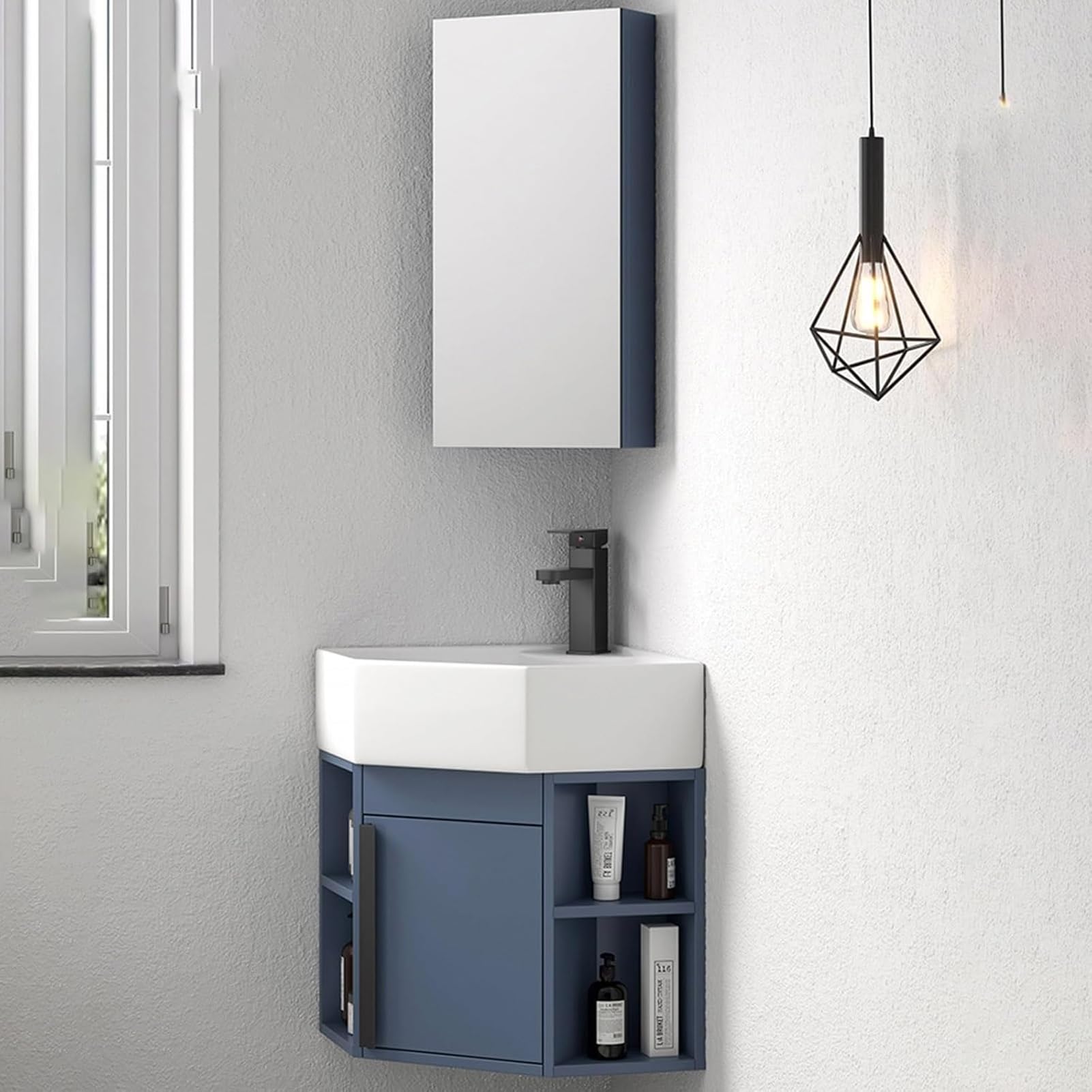 GLJTUO Bathroom Corner Vanity Cabinet with Wall Mount Ceramic Sink Floating Vanity for Small Spaces