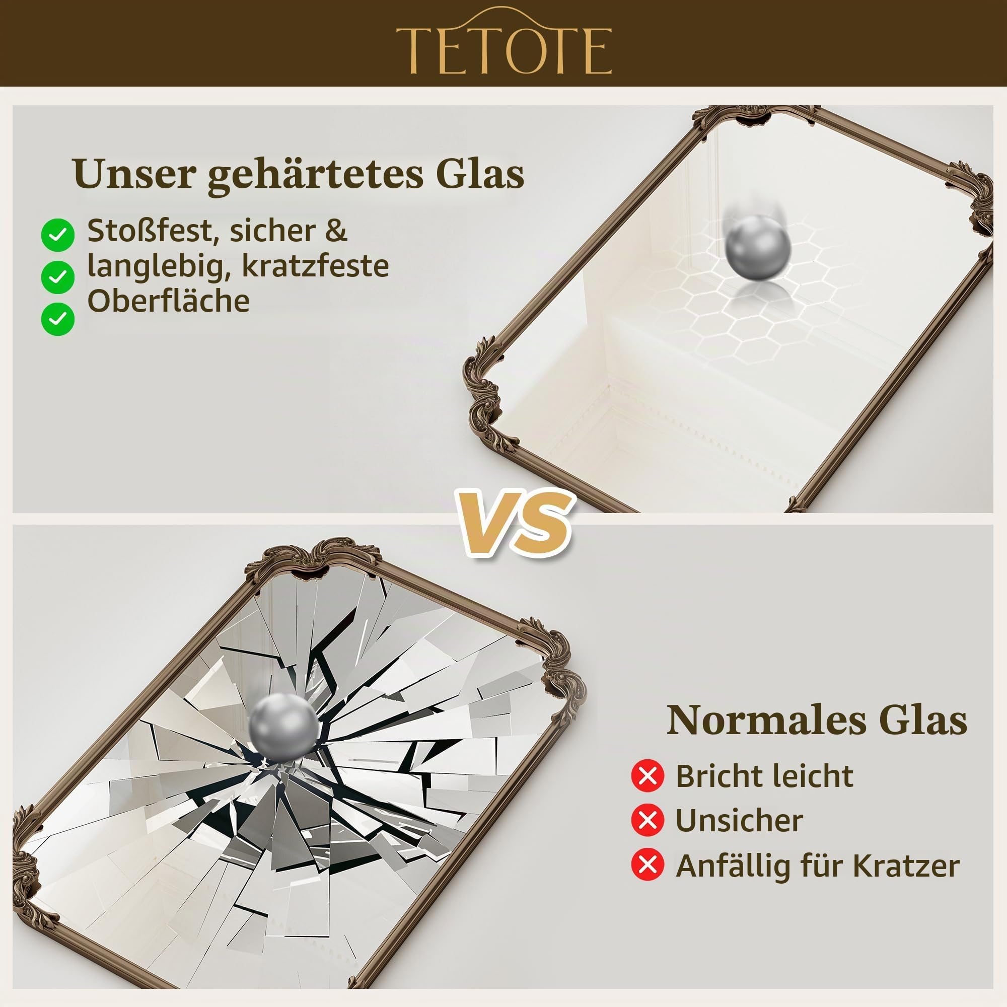 TETOTE Gold Vintage Spiegel - 60x90cm Goldener Vintage Wandspiegel - Barock Spiegel mit Gold Rahmen & Gehärtetem Sicherheitsglas - Horizontal & Vertikal Montage für Flur Bad Wohnzimmer