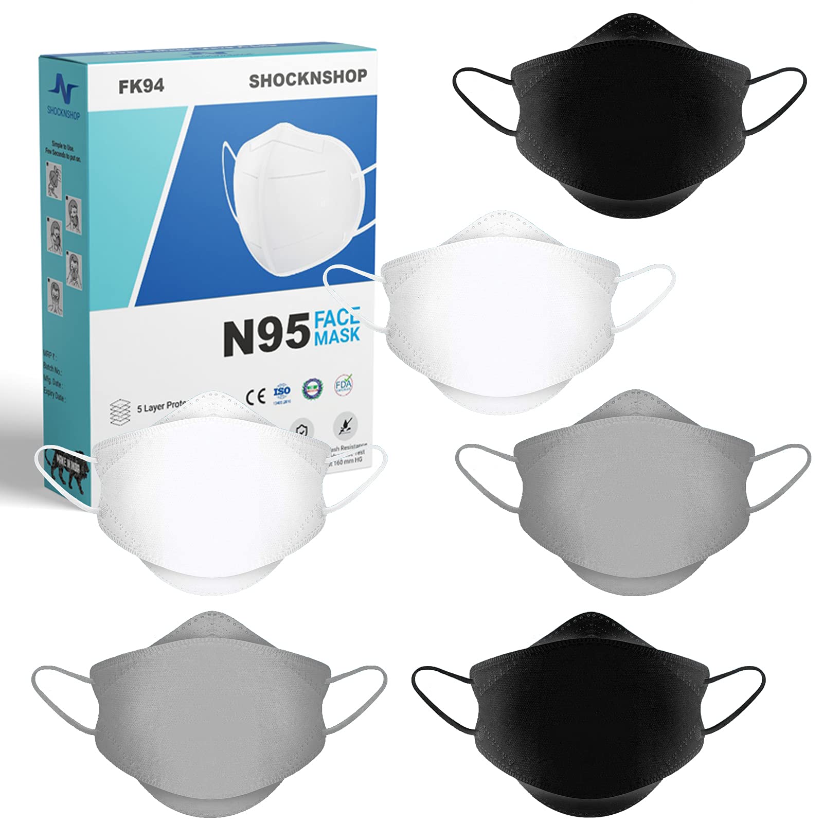 Shocknshop KF94 Non-Woven Fabric Reusable & Washable 4 Layer N95 Face Mask (Black/Grey & White, Without Valve, Pack of 6) for Men & Women (B097DXG88D) Amazon Price History, Amazon Price Tracker