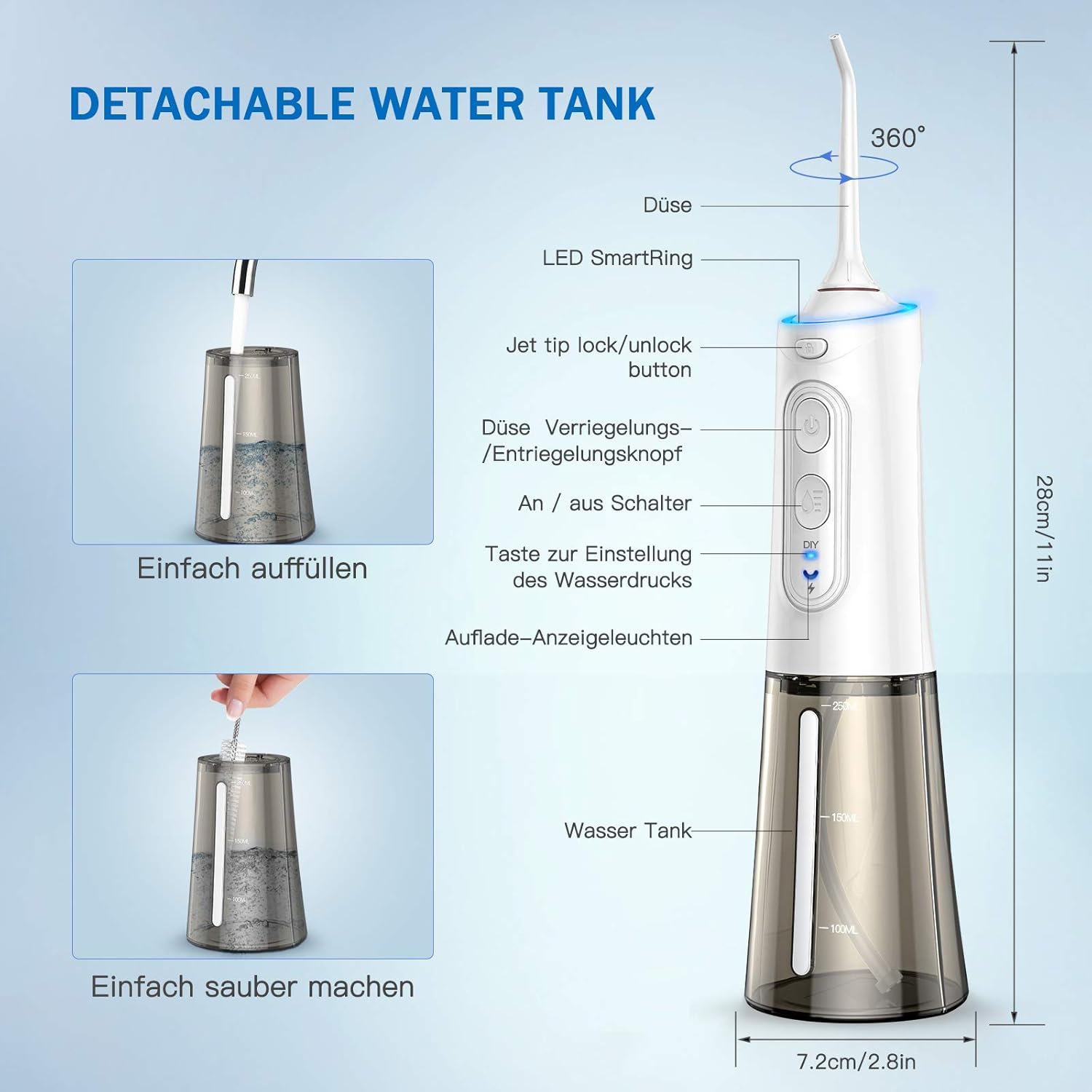 Benefits of using the water flosser, showing solutions for caries, gum bleeding, plaque, food residue, bad breath, and braces cleaning