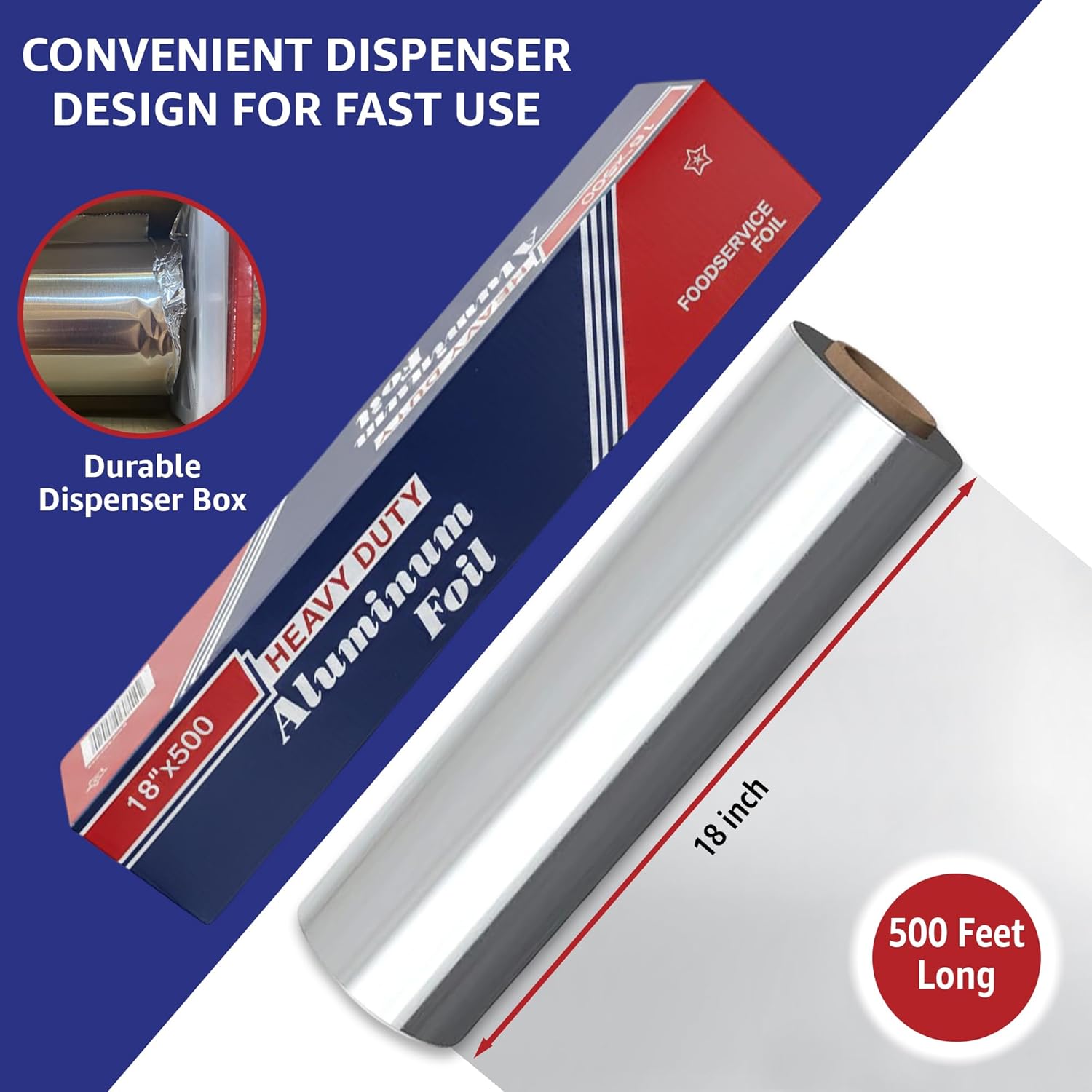 18" x 500' Heavy Duty Commercial Grade Food Safe Aluminum Foil Roll - Durable and Tear Resistant for Cooking, Grilling, and Roasting - Ideal for Restaurants, Catering, and Professional Kitchens