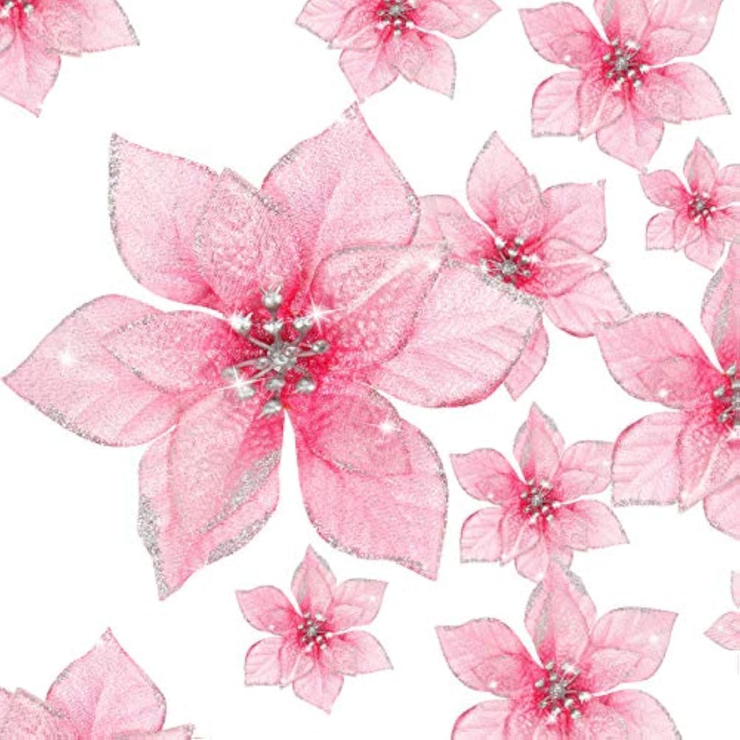 willbond 36 pcs 3 size christmas poinsettia christmas tree flowers glitter faux flowers decoration artificial poinsettia ornaments for new year home outdoor decoration(3/4/ 6 inch,pink) pink 3/ 4/ 6 inch