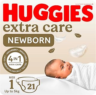 Huggies Extra Care Newborn, Size 1, Up to 5 kg, Carry Pack, 21 Diapers