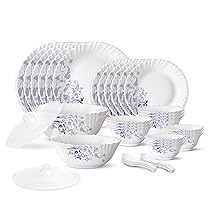 Larah by Borosil Blue Eve Silk Series Opalware Dinner Set, 35 Pieces, White