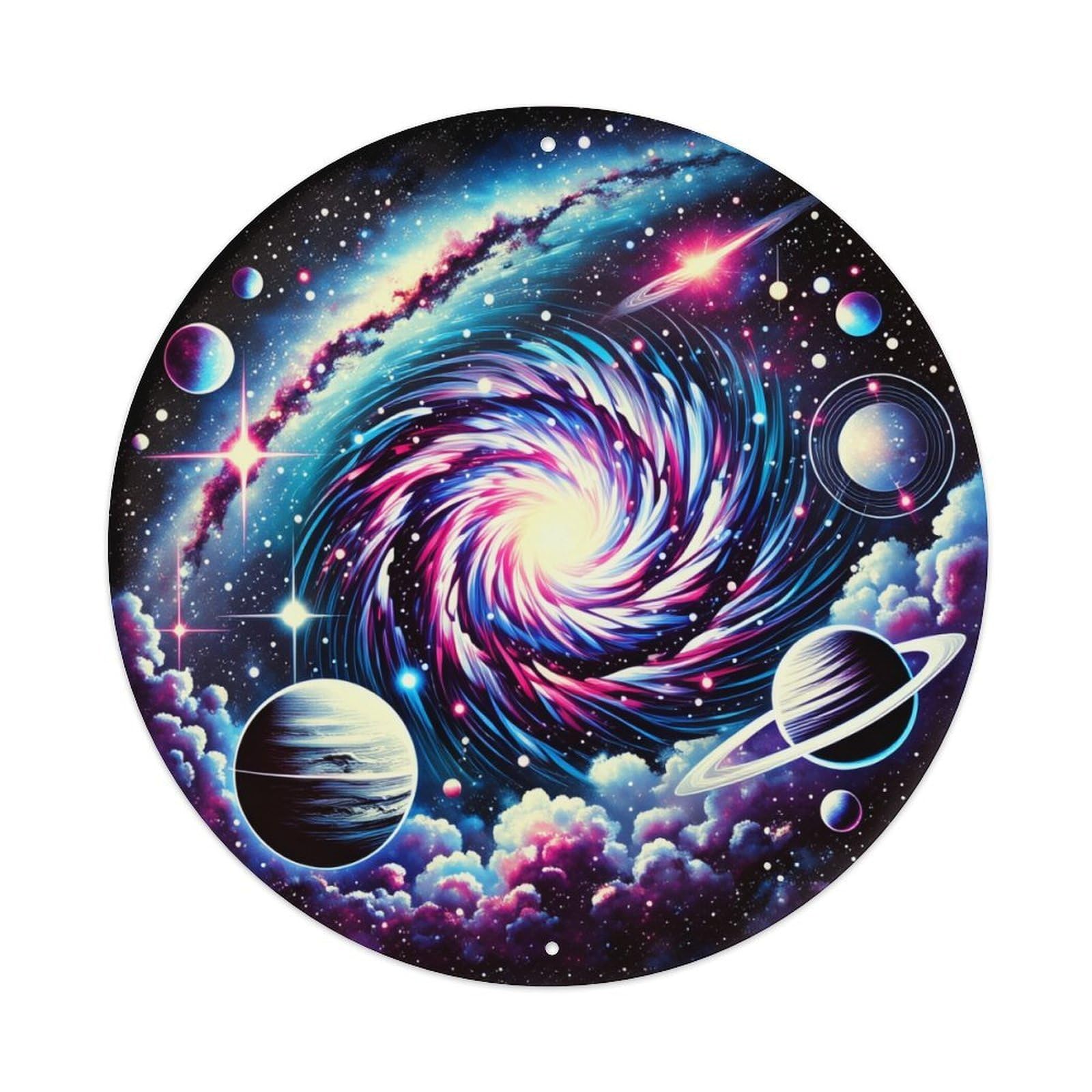Cosmic Galaxy Spiral Planets Stars Round Tin Sign Vintage Metal Poster, Home Bar Garage Man Cave Cafe Indoor & Outdoor Wall Decoration 8x8Inches