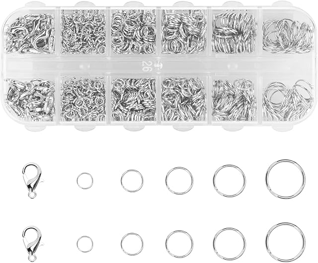 1060pcs Metal Open Jump Rings Lobster Clasps, 4-10mm Mixed Size Silver Plated Round Ring Connectors and 6 x 12mm Lobster Claw Clasp for DIY Jewelry Making Supplies Findings and Necklace Repair
