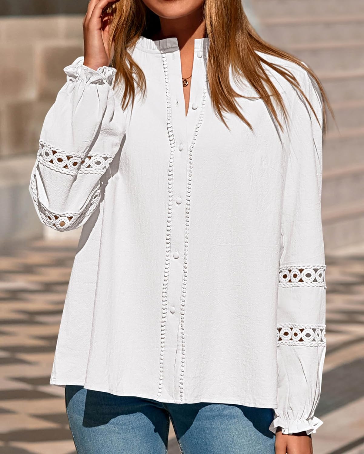 KIRUNDO Going Out Tops for Women 2026 Spring Fashion Boho Cotton Eyelet Long Sleeve Button Up Shirt Lace Dressy Casual Blouse - Image 8