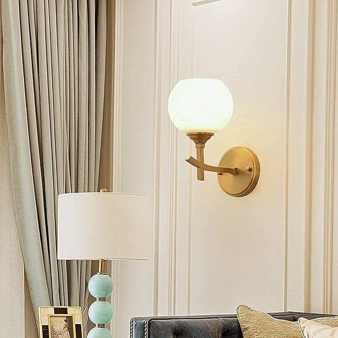 WYRKYP Wandlamp Moderne E27 Base Indoor Verlichting Armatuur met Glazen Schaduw,Koperen Wandlamp voor Nachtkastje Woonkamer Hal Keuken, 25X15Cm photo 3
