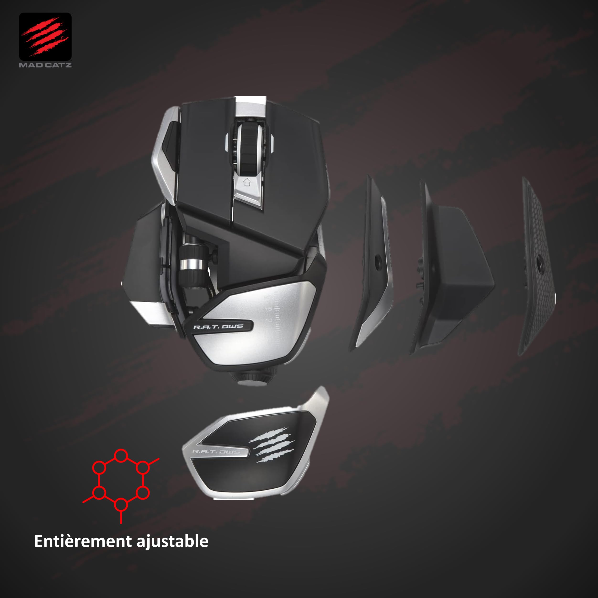 Mad Catz Rat DWS Souris Gamer Sans Fil - Souris Ergonomique 14 Boutons Programmables - Capteur Optique Pixart3335 16000 DPI - Souris Gaming Bluetooth PC Noire Switch Dakota 60 Millions