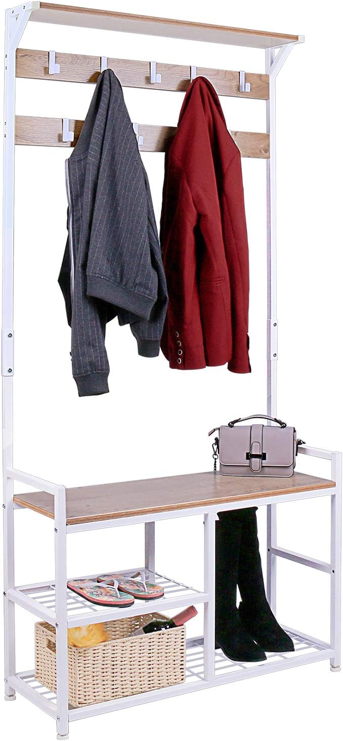 HOMEKOKO Coat Rack Shoe Bench, Hall Tree Entryway Storage Bench, Wood Look Accent Furniture with Metal Frame, 3-in-1 Design (Rustic Brown): Home & Kitchen