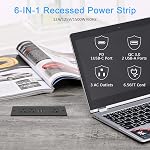 Barre de puissance encastrée USB C 20W Chargeur rapide, HEZI Bande de puissance de montage Flush avec 3AC Sorties et 3 USB Ports, sortie de meubles pour armoire de bureau de tiroirs (noir, 3M)