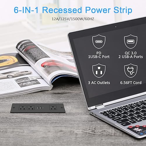 Miniatura 2 de Tira de alimentación empotrada, enchufe para muebles, 3 tomas de corriente y carga rápida de 20 W PD USB-C y puertos USB-A QC3.0 de 18 W3 A con