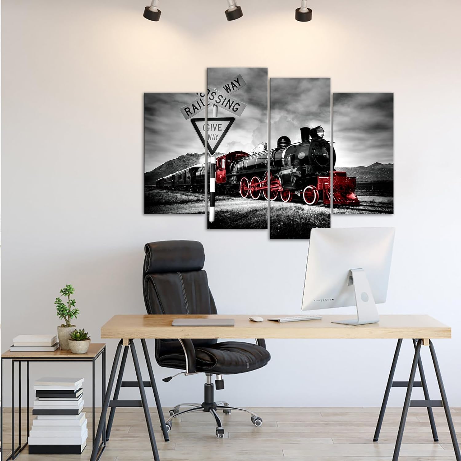 VANSEEING 4 Pieces Red and Black Train Canvas Wall Art Vintage Train Pictures Wall Decor Modern Artwork Framed for Boys Room Living Room