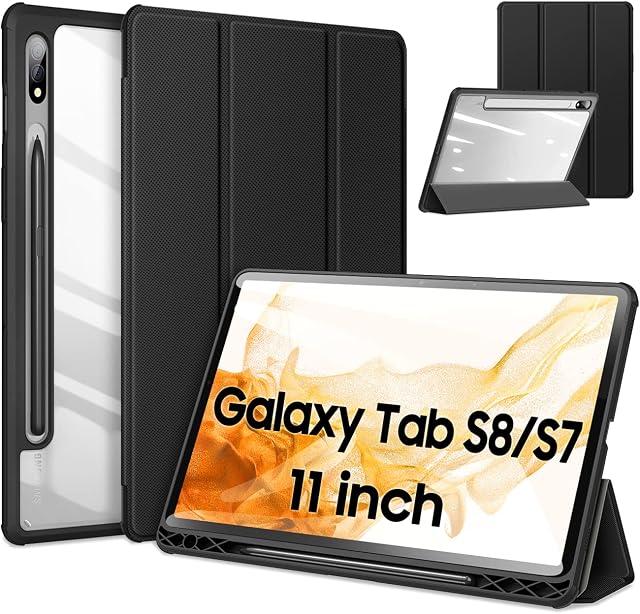 DUZZONA Case for Samsung Galaxy Tab S7/S8 11 Inch 2020/2022, Slim Light Clear Transparent Back Cover with S-Pen Holder, Cover for Samsung Galaxy Tablet S7/S8, Black