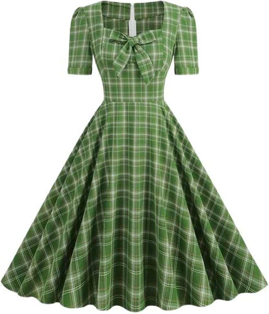 A Line High Waist Green Plaid Long Dress Sweetheart Neck Bow Front Vintage  1950s Women Elegant Evening Formal Swing Dresses-1-S : Amazon.co.uk: Fashion