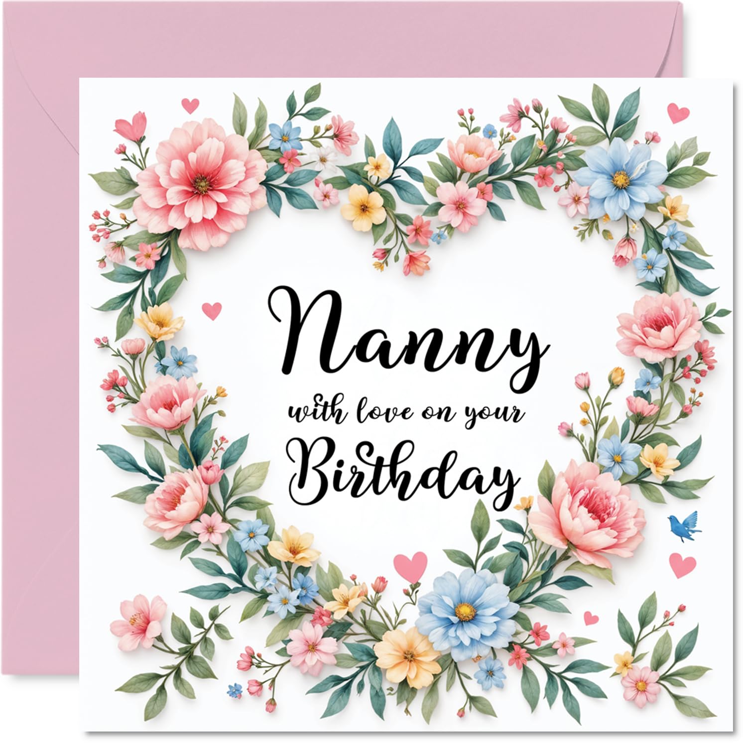 Nanny Birthday Card - Flower Heart Wreath - Happy Birthday Card for Nanny from Grandson Granddaughter, 145mm Flower Heart Wreath Bday Greeting Cards